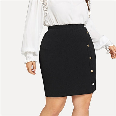SHEIN Pencil Skirts Gold Button Detail Textured Plus Size Women Black Elegant Office Lady Work Big Size Short Skirts