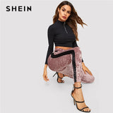SHEIN Pink Athleisure Contrast Side Seam Panelled Velvet High Waist Pencil Pants Women Spring Autumn Casual Steetwear Trousers