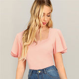 SHEIN Pink Casual Square Neck Flutter Sleeve Solid Textured T-shirt 2019 Summer Women Going Out Minimalist Short Sleeve Tee Top