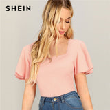 SHEIN Pink Casual Square Neck Flutter Sleeve Solid Textured T-shirt 2019 Summer Women Going Out Minimalist Short Sleeve Tee Top