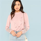 SHEIN Pink Flounce Neck Lace Cuff Top Elegant Stand Collar Long Sleeve Ruffle Blouse Women Autumn Plain Workwear Shirt Tops