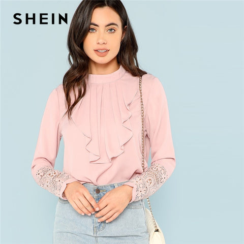 SHEIN Pink Flounce Neck Lace Cuff Top Elegant Stand Collar Long Sleeve Ruffle Blouse Women Autumn Plain Workwear Shirt Tops