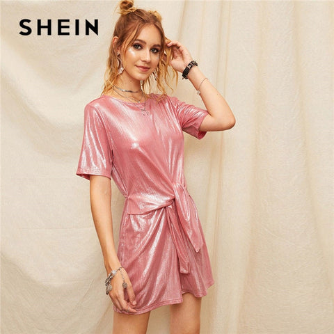 SHEIN Pink Keyhole Back Waist Knot Metallic Jumpsuit Lady Summer Casual Streetwear Solid Short Sleeve Rompers Womens Jumpsuit