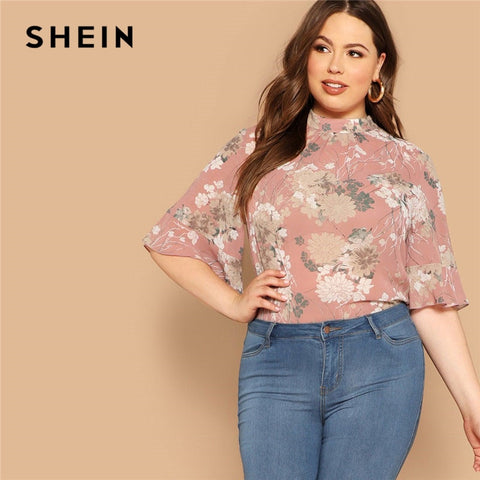 SHEIN Pink Mock-Neck Curved Hem Floral Print Half Sleeve Plus Size Women Tops Summer Elegant Keyhole Back Flounce Sleeve Blouses