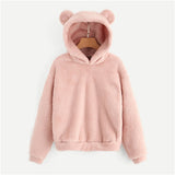 SHEIN Pink Preppy Lovely With Bears Ears Solid Teddy Hoodie Pullovers Sweatshirt Autumn Women Campus Casual Sweatshirts