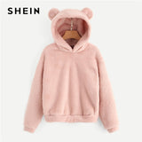 SHEIN Pink Preppy Lovely With Bears Ears Solid Teddy Hoodie Pullovers Sweatshirt Autumn Women Campus Casual Sweatshirts
