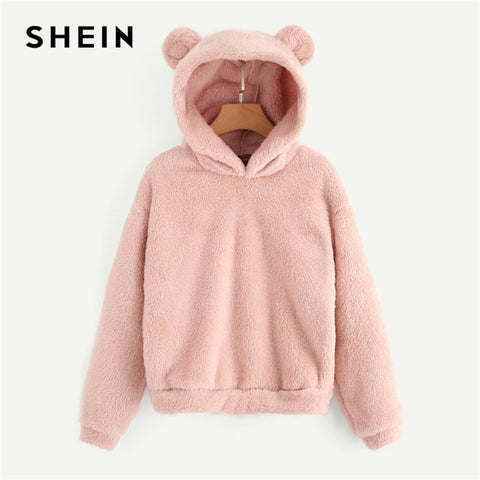 SHEIN Pink Preppy Lovely With Bears Ears Solid Teddy Hoodie Pullovers Sweatshirt Autumn Women Campus Casual Sweatshirts