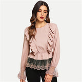 SHEIN Pink Ruffle Detail Lace Peplum Top Casual Pullover Round Neck Long Sleeve Blouses Autumn Women Elegant Tops And Blouses