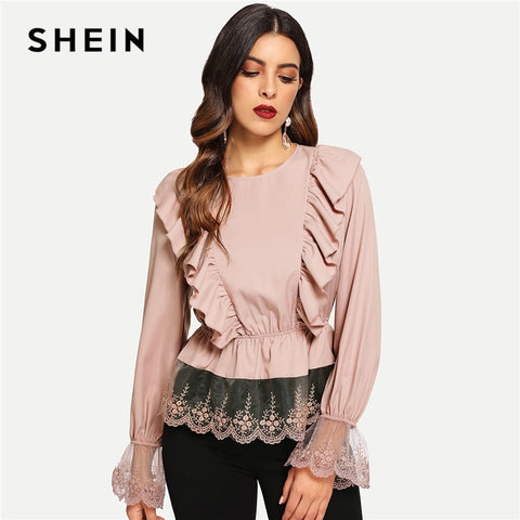 SHEIN Pink Ruffle Detail Lace Peplum Top Casual Pullover Round Neck Long Sleeve Blouses Autumn Women Elegant Tops And Blouses