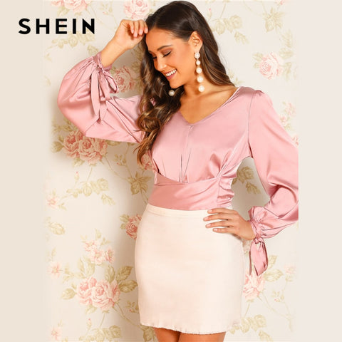 SHEIN Pink V-neck Knotted Satin Glamorous Top Crop Belted Blouse Women Summer Bishop Sleeve 2019 Party Tops and Blouses