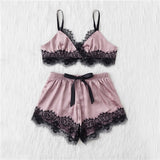 SHEIN Pink Womens Pajamas Set Color Block Scalloped Eyelash Lace Spaghetti Strap Crop Cami Top and Short Pajama Set