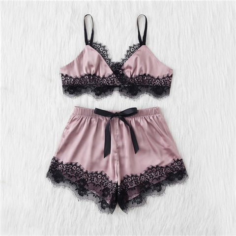 SHEIN Pink Womens Pajamas Set Color Block Scalloped Eyelash Lace Spaghetti Strap Crop Cami Top and Short Pajama Set