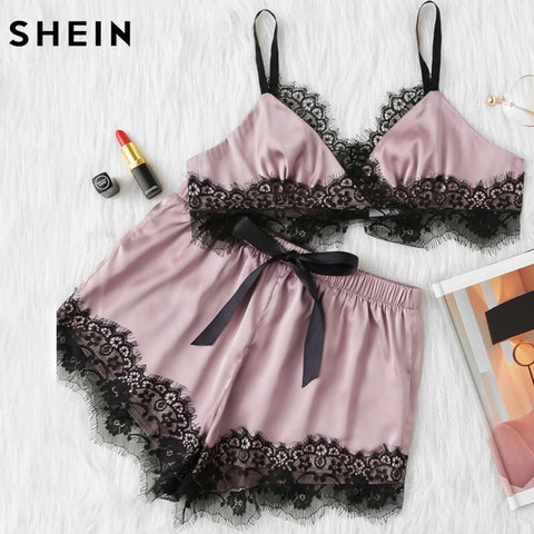 SHEIN Pink Womens Pajamas Set Color Block Scalloped Eyelash Lace Spaghetti Strap Crop Cami Top and Short Pajama Set