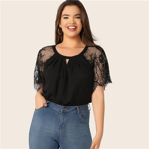 SHEIN Plus Size Keyhole Neck Floral Lace Raglan Sleeve Top Women Black Summer Elegant Office Lady Blouse Cut Out Lace Blouses