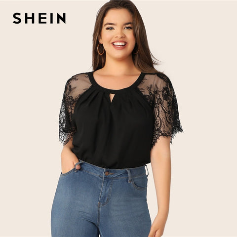 SHEIN Plus Size Keyhole Neck Floral Lace Raglan Sleeve Top Women Black Summer Elegant Office Lady Blouse Cut Out Lace Blouses