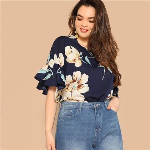 SHEIN Plus Size Navy Flounce Sleeve Flower Print Blouse Women 2019 Spring Round Neck Half Sleeve Highstreet Tops Blouse