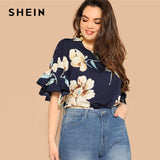 SHEIN Plus Size Navy Flounce Sleeve Flower Print Blouse Women 2019 Spring Round Neck Half Sleeve Highstreet Tops Blouse