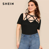 SHEIN Plus Size Sexy Black Cage Yoke Form Fitted Plain Tee T-shirts Women 2019 Summer Round Neck Short Sleeve Tops Tees