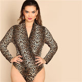 SHEIN Plus Size V Neck Long Sleeve Leopard Print Streetwear Women  Stretchy Wrap Bodysuits