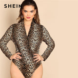 SHEIN Plus Size V Neck Long Sleeve Leopard Print Streetwear Women  Stretchy Wrap Bodysuits