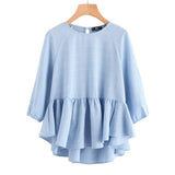 SHEIN Raglan Sleeve Ruffle Dip Hem Grid Blouse Woman Blouses 2017 Autumn Blue Three Quarter Length Sleeve Plaid Blouse