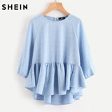 SHEIN Raglan Sleeve Ruffle Dip Hem Grid Blouse Woman Blouses 2017 Autumn Blue Three Quarter Length Sleeve Plaid Blouse