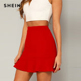 SHEIN Red Bright Flounce Ruffle Hem Solid Above Knee Skirt Womens 2019 Summer High Waist High Street Sheath Mini Skirt
