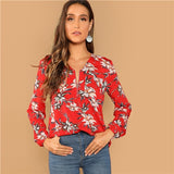 SHEIN Red Casual Floral Print Pocket Zip Half Placket V Neck Long Sleeve Blouse Autumn Vacation Holiday Women Tops And Blouses