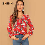 SHEIN Red Casual Floral Print Pocket Zip Half Placket V Neck Long Sleeve Blouse Autumn Vacation Holiday Women Tops And Blouses