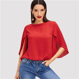 SHEIN Red Elegant Office Lady Butterfly Sleeve Split Trim O-Neck Solid Blouse 2018 Autumn Modern Lady Women Tops And Blouses