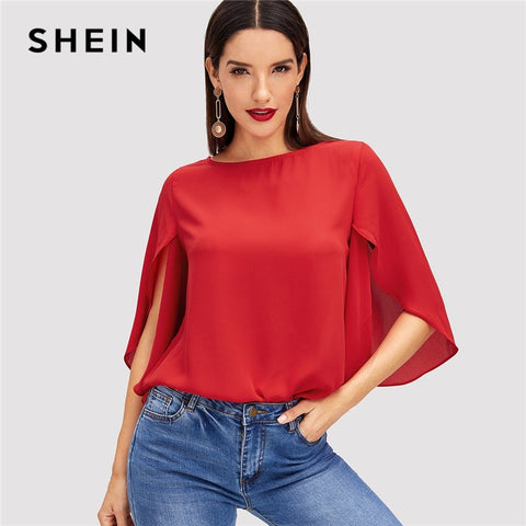 SHEIN Red Elegant Office Lady Butterfly Sleeve Split Trim O-Neck Solid Blouse 2018 Autumn Modern Lady Women Tops And Blouses