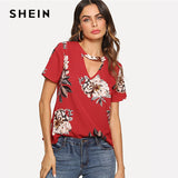 SHEIN Red Elegant V Cut Neck Keyhole Back Floral Print Short Sleeve Button Blouse Summer Women Weekend Casual Shirt Top