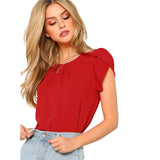 SHEIN Red Pleated Petal Sleeve Top Women Clothing Round Neck Short Sleeve Plain Blouse 2018 Summer New Casual Blouse
