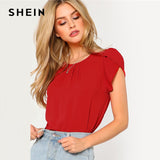 SHEIN Red Pleated Petal Sleeve Top Women Clothing Round Neck Short Sleeve Plain Blouse 2018 Summer New Casual Blouse