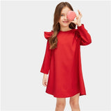 SHEIN Red Ruffle Christmas Tunic Mini Party Girls Dress 2019 Spring Korean Long Sleeve Elegant Kids Dresses For Girls Clothing