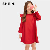 SHEIN Red Ruffle Christmas Tunic Mini Party Girls Dress 2019 Spring Korean Long Sleeve Elegant Kids Dresses For Girls Clothing