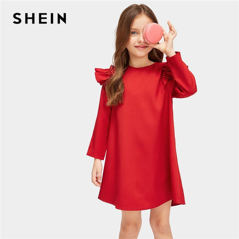 SHEIN Red Ruffle Christmas Tunic Mini Party Girls Dress 2019 Spring Korean Long Sleeve Elegant Kids Dresses For Girls Clothing