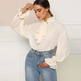 SHEIN Ruffle Tie Neck And Flounce Sleeve Solid Elegant Blouse Ladies Tops Spring Women Stand Collar Workwear Tops And Blouses