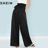 SHEIN Self Belted Box Pleated Palazzo Pants Women Elegant Loose Long Pants 2018 Fall Ginger High Waist Wide Leg Pants