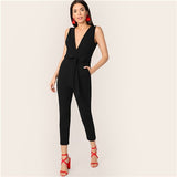 SHEIN Sexy Black Backless Plunging Neck Belted Overalls Summer Sleeveless Jumpsuit Women Solid High Street Elegant Jumpsuits