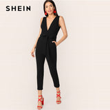 SHEIN Sexy Black Backless Plunging Neck Belted Overalls Summer Sleeveless Jumpsuit Women Solid High Street Elegant Jumpsuits