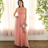 SHEIN Sexy Pink Lace One Shoulder Slit Front Mixed Media Maxi Dress Women Empire A Line Slit Hem Long Summer Party Dresses