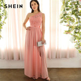 SHEIN Sexy Pink Lace One Shoulder Slit Front Mixed Media Maxi Dress Women Empire A Line Slit Hem Long Summer Party Dresses