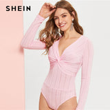 SHEIN Sexy Pink Twist Front Cut-and-sew Plunging Skinny Bodysuit Women Low Waist Long Sleeve Summer Stretchy Solid Bodysuits
