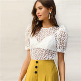 SHEIN Sexy White Knot Back Puff Sleeve Embroidery Floral Mesh Sheer Blouse Women Without Bra Summer Elegant Tops and Blouses