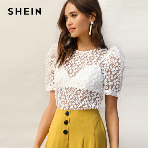 SHEIN Sexy White Knot Back Puff Sleeve Embroidery Floral Mesh Sheer Blouse Women Without Bra Summer Elegant Tops and Blouses