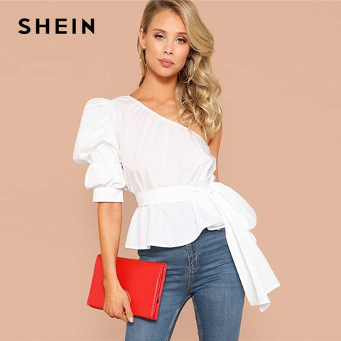 SHEIN Sexy White One Shoulder Puff Sleeve Peplum Knot Belted Top Blouse Women Summer 2019 Solid Ruffle Elegant Party Blouses