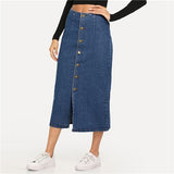 SHEIN Slit Front Button Up Denim Shift Skirt Casual Mid Waist Women Morden Lady Street Wear Skirts 2019 Summer Slim Skirt