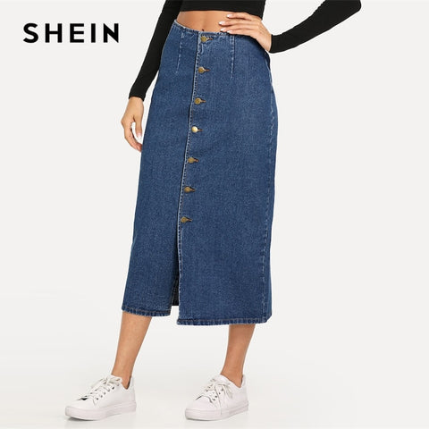 SHEIN Slit Front Button Up Denim Shift Skirt Casual Mid Waist Women Morden Lady Street Wear Skirts 2019 Summer Slim Skirt