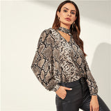 SHEIN Snake Animal Pattern Choker Neck Cut Out Multicolor Top Casual V-neck Long Sleeve Blouse Women Spring Plain Top Blouses